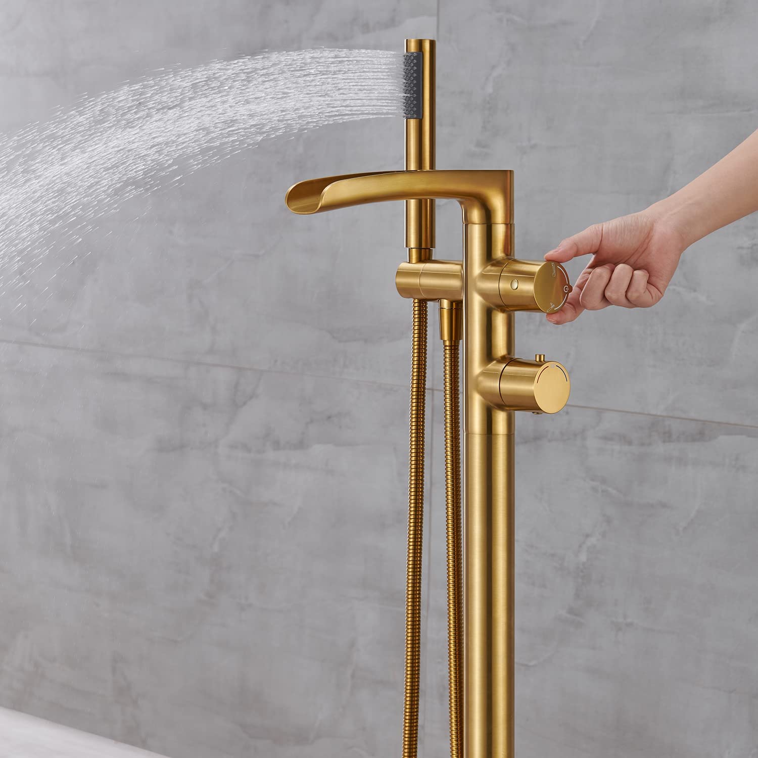 Qinkell Freestanding Thermostatic Bathtub Faucet Floor Mount Waterfall Tub Filler Brushed Gold Bathroom Taps with Handheld Shower