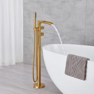 Qinkell Freestanding Thermostatic Bathtub Faucet Floor Mount Waterfall Tub Filler Brushed Gold Bathroom Taps with Handheld Shower