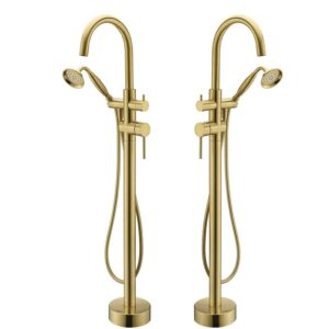 Freestanding Tub Filler Bathtub Faucet Brushed Gold Floor Mounted Brass Faucets with Handheld Shower