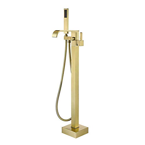 Brushed Gold Floor Mount Freestanding Bath Tub Filler Shower Unit Handheld Spary