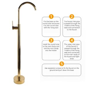 Freestanding Bathtub Faucet, European Style Brass Stainless Steel Floor Mounted Tub Filler Without Hole Single Handle High Flow Shower Faucet Bathroom Tub Faucets for Column Type (Gold)