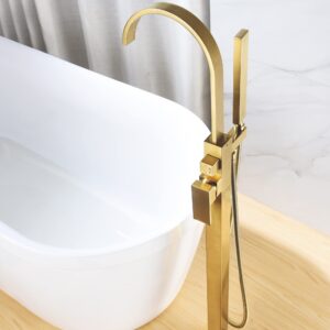 Sevenfalls 8018 Floor Mount Freestanding Bathtub Faucet Single Handle Tub Filler with Handheld Shower, Brushed Gold