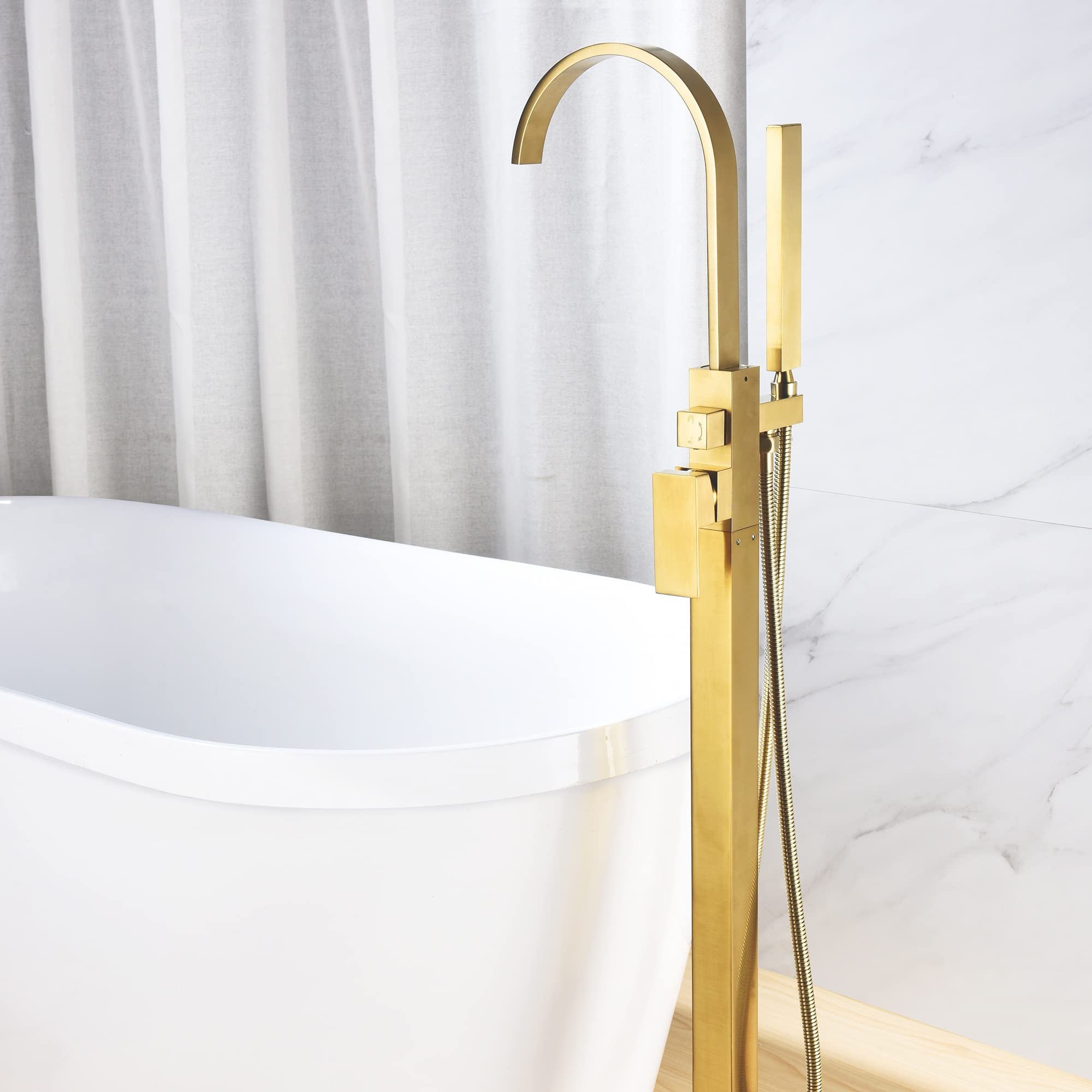 Sevenfalls 8018 Floor Mount Freestanding Bathtub Faucet Single Handle Tub Filler with Handheld Shower, Brushed Gold