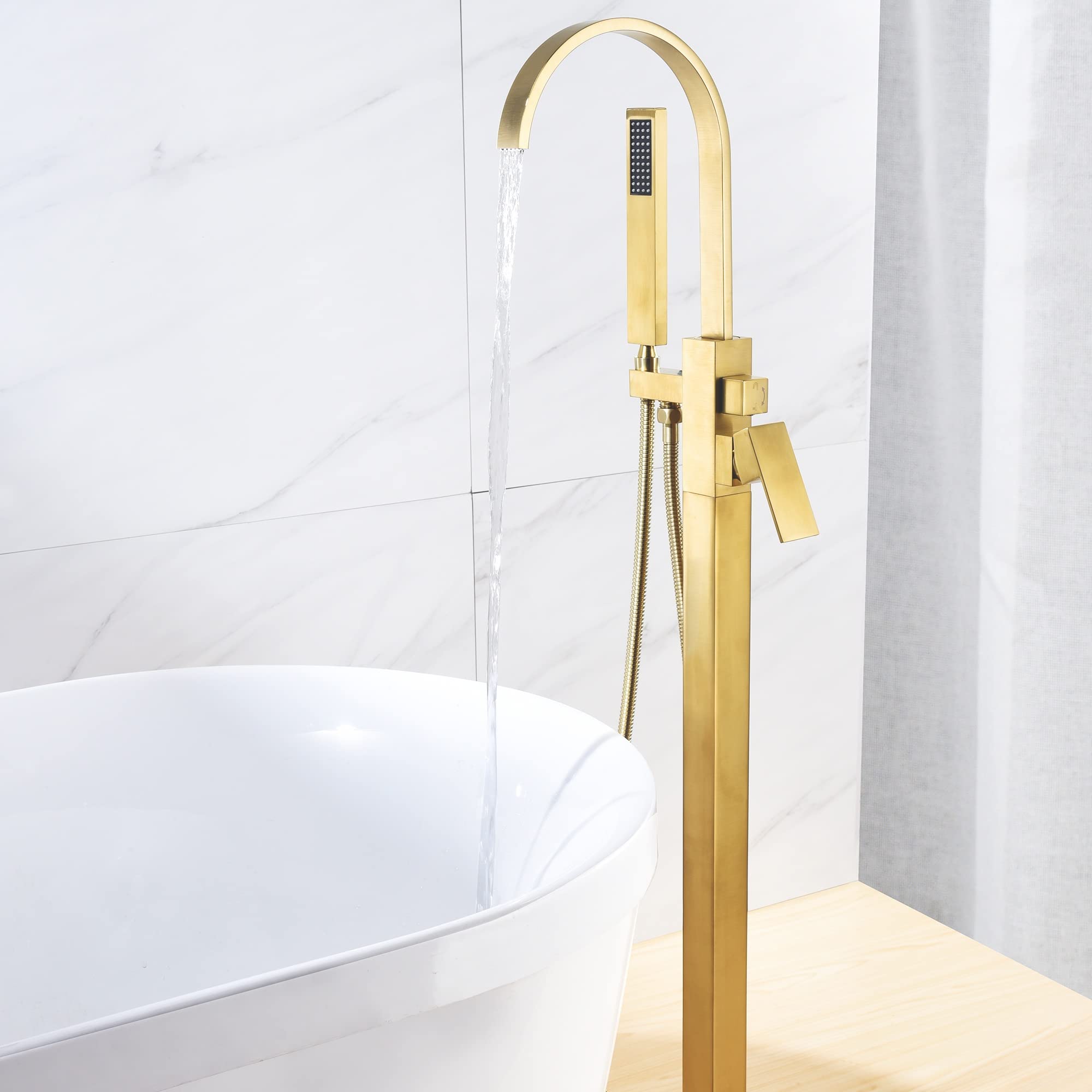 Sevenfalls 8018 Floor Mount Freestanding Bathtub Faucet Single Handle Tub Filler with Handheld Shower, Brushed Gold