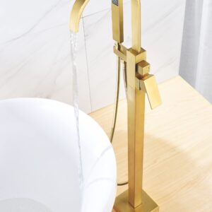 Sevenfalls 8018 Floor Mount Freestanding Bathtub Faucet Single Handle Tub Filler with Handheld Shower, Brushed Gold