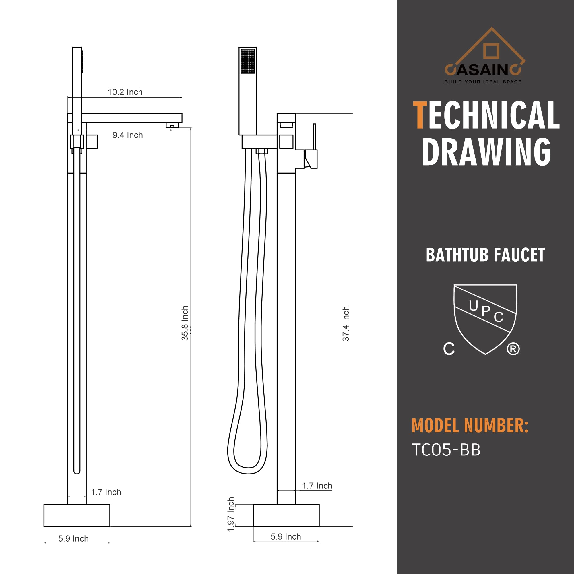 CASAINC Tub Filler Freestanding Bathtub Faucet Stand Alone Floor Mount Tub Faucet Bathtub Filler with Hand Shower and Swivel Spout, CUPC Certification, 2.7 GPM High Flow Rate Brushed Brass