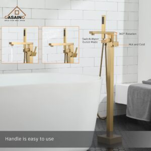 CASAINC Tub Filler Freestanding Bathtub Faucet Stand Alone Floor Mount Tub Faucet Bathtub Filler with Hand Shower and Swivel Spout, CUPC Certification, 2.7 GPM High Flow Rate Brushed Brass