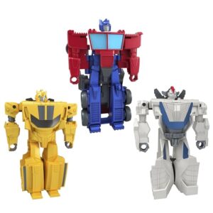 transformers 1-step flip heroes 3-pack, 4-inch wheeljack, bumblebee, and optimus prime action figures, kids easter toys or basket stuffers, age 6+