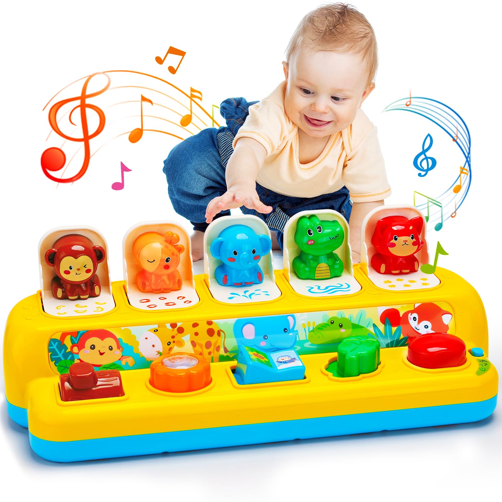 Interactive Pop up Animal Toys with Music & Light, Montessori Cause and Effect Toys for 1 Year Old Boy Girl Early Learning Musical Baby Toys 9-12-18 Months STEM Toddler Toys Age 1-2 Gift for Infant