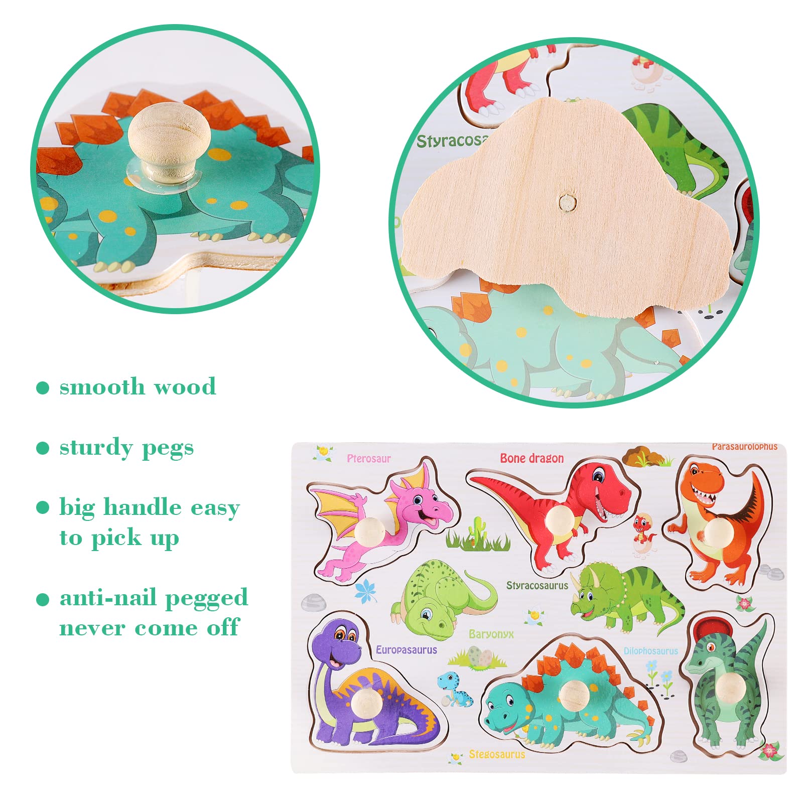 Wooden Peg Puzzles for Toddlers 1-3, Kids' Educational Preschool Peg Puzzle Toy, Set of 3 Toddler Puzzles - Traffic, Dinosaur, and Fruit, Ideal Gift for Ages 1 2 3 Boys and Girls