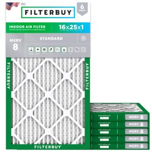 Filterbuy 16x25x1 Air Filter MERV 8 Dust Defense (6-Pack), Pleated HVAC AC Furnace Air Filters Replacement (Actual Size: 15.50 x 24.50 x 0.75 Inches)