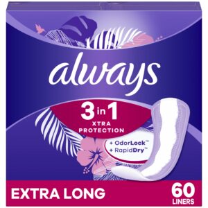 always xtra protection 3-in-1 daily liners for women, extra long, 60 ct (packaging may vary)