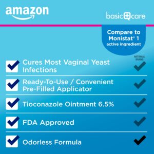 Amazon Basic Care Tioconazole Ointment 6.5 Percent, Vaginal Antifungal, 1-Dose Treatment, Vaginal Yeast Infection Treatment For Women, Feminine Care, 0.16 ounce (Pack of 1)