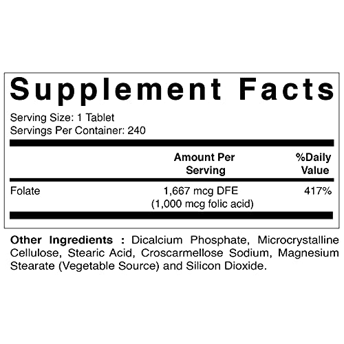 Vitamatic Folic Acid 1000 mcg (1 mg) - Vegetarian Tablets - 1667 mcg DFE - Vitamin B9 (240 Count (Pack of 1))