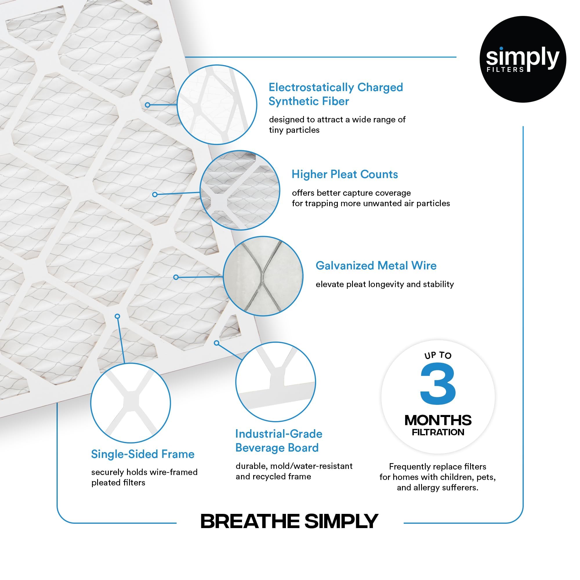 Simply Filters 16x20x1 MERV 8, MPR 600, Air Filter ( 6 Pack) - Actual Size: 15.75"x19.75"x0.75" HVAC, AC Furnace Air Filter