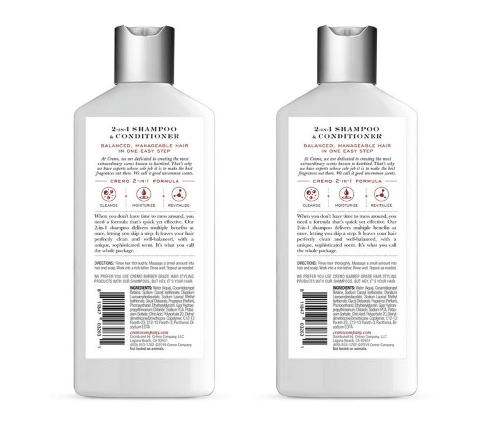 Cremo Bourbon & Oak Barber Grade 2-in-1 Shampoo & Conditioner, 16 Fl Oz (2-Pack) - A Sophisticated Blend of Distiller’s Spice, Fine Bourbon and White Oak