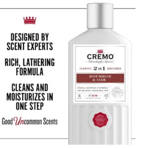 Cremo Bourbon & Oak Barber Grade 2-in-1 Shampoo & Conditioner, 16 Fl Oz (2-Pack) - A Sophisticated Blend of Distiller’s Spice, Fine Bourbon and White Oak