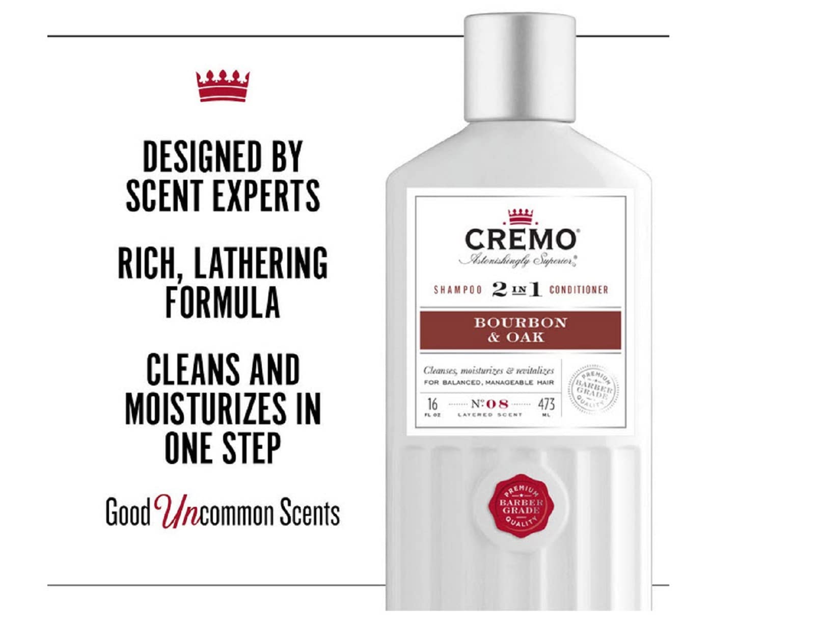 Cremo Bourbon & Oak Barber Grade 2-in-1 Shampoo & Conditioner, 16 Fl Oz (2-Pack) - A Sophisticated Blend of Distiller’s Spice, Fine Bourbon and White Oak