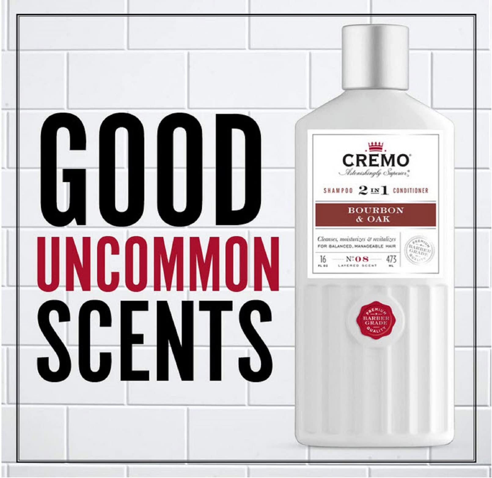 Cremo Bourbon & Oak Barber Grade 2-in-1 Shampoo & Conditioner, 16 Fl Oz (2-Pack) - A Sophisticated Blend of Distiller’s Spice, Fine Bourbon and White Oak