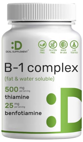 Vitamin B1 500mg with Benfotiamine, 240* Capsules – 2 in 1 Enhanced Formula – Fat & Water Soluble Thiamine B1 Supplement – Third Party Tested, Non-GMO, No Gluten