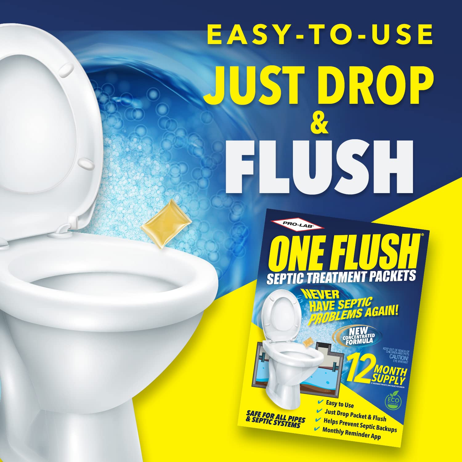 ONE FLUSH - Septic Tank Treatment Packets, 1-Year Supply of Easy-Flush Bacteria & Enzyme Packets - Proactive Prevention for Sewage Backups, Made in the USA