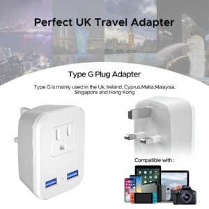 [2-Pack] UK Ireland Power Plug Adapter, Type G Travel Adapter for US to London England Scotland British Hong Kong Kenya Dubai - UK Charger Adapter with 2 USB 1 Electrical Outlets