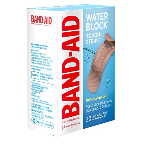 Band-Aid Brand Water Block Waterproof Tough Adhesive Bandages for Minor Cuts and Scrapes, All One Size, 20 Count (Pack of 1)