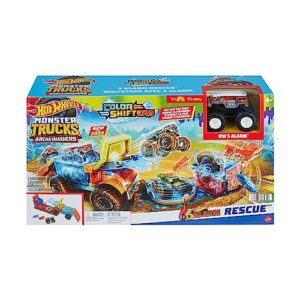 Hot Wheels Monster Trucks Arenabeukers Color Shifters 5 Alarm Rescue with 1 Color Shifter Monster Truck, 2 Color Shifter Demolition Cars and 1 Detachable Trailer, HPN73