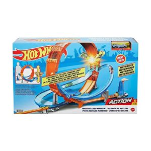 Hot Wheels Massive Loop Mayhem Track Set with Huge 28-Inch Wide Track Loop Slam Launcher, Battery Box & 1 1:64 Scale Car, Designed for Multi-Car Play, Gift for Kids 5 Years & Up