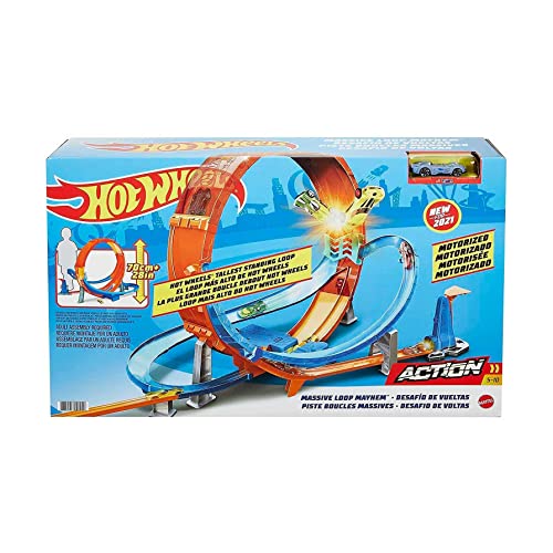 Hot Wheels Massive Loop Mayhem Track Set with Huge 28-Inch Wide Track Loop Slam Launcher, Battery Box & 1 1:64 Scale Car, Designed for Multi-Car Play, Gift for Kids 5 Years & Up