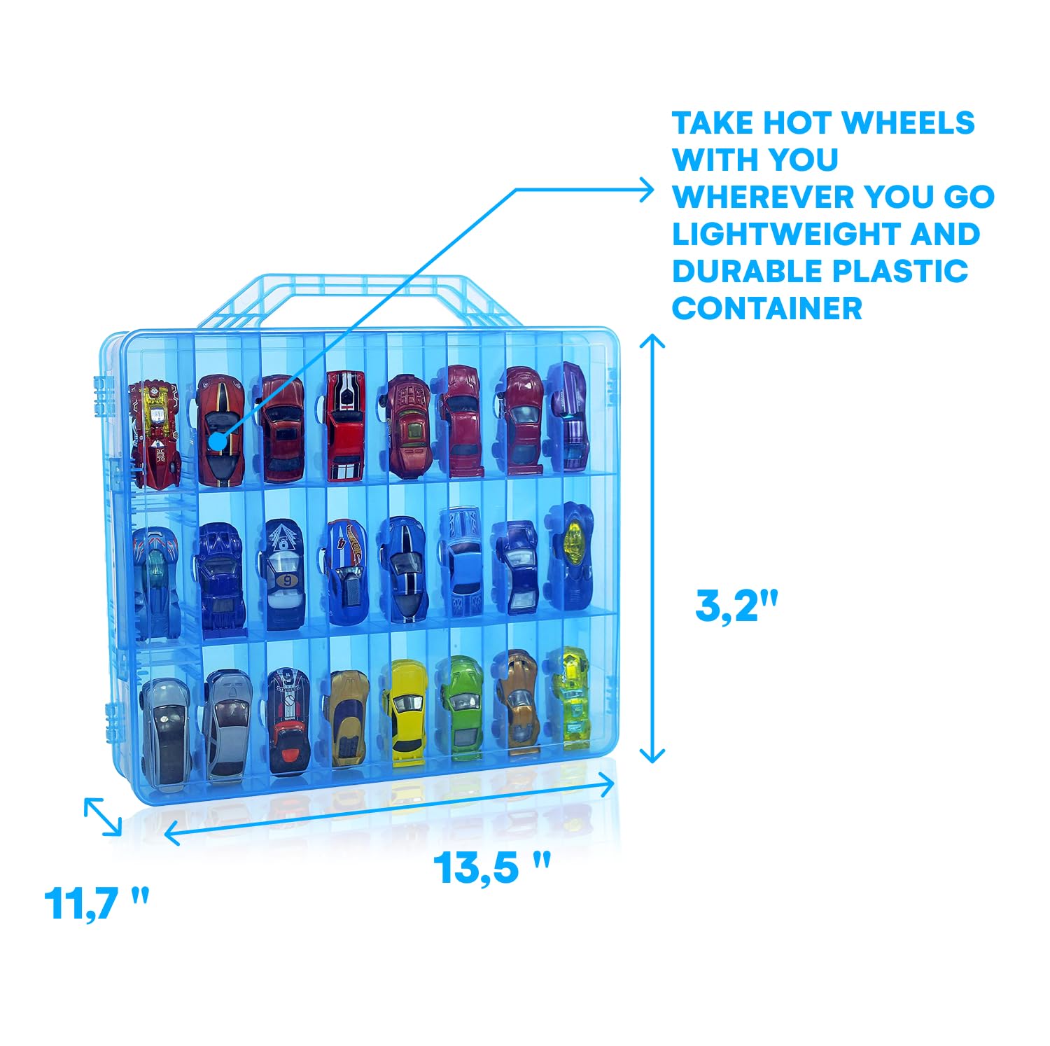 Bins & Things Hot wheels Display case and toy car storage organizer, Double sided 48 - Multi Compartment Plastic Car Toy Organizer Compatible with Lego, LOL Surprise Matchbox cars storage case - Blue