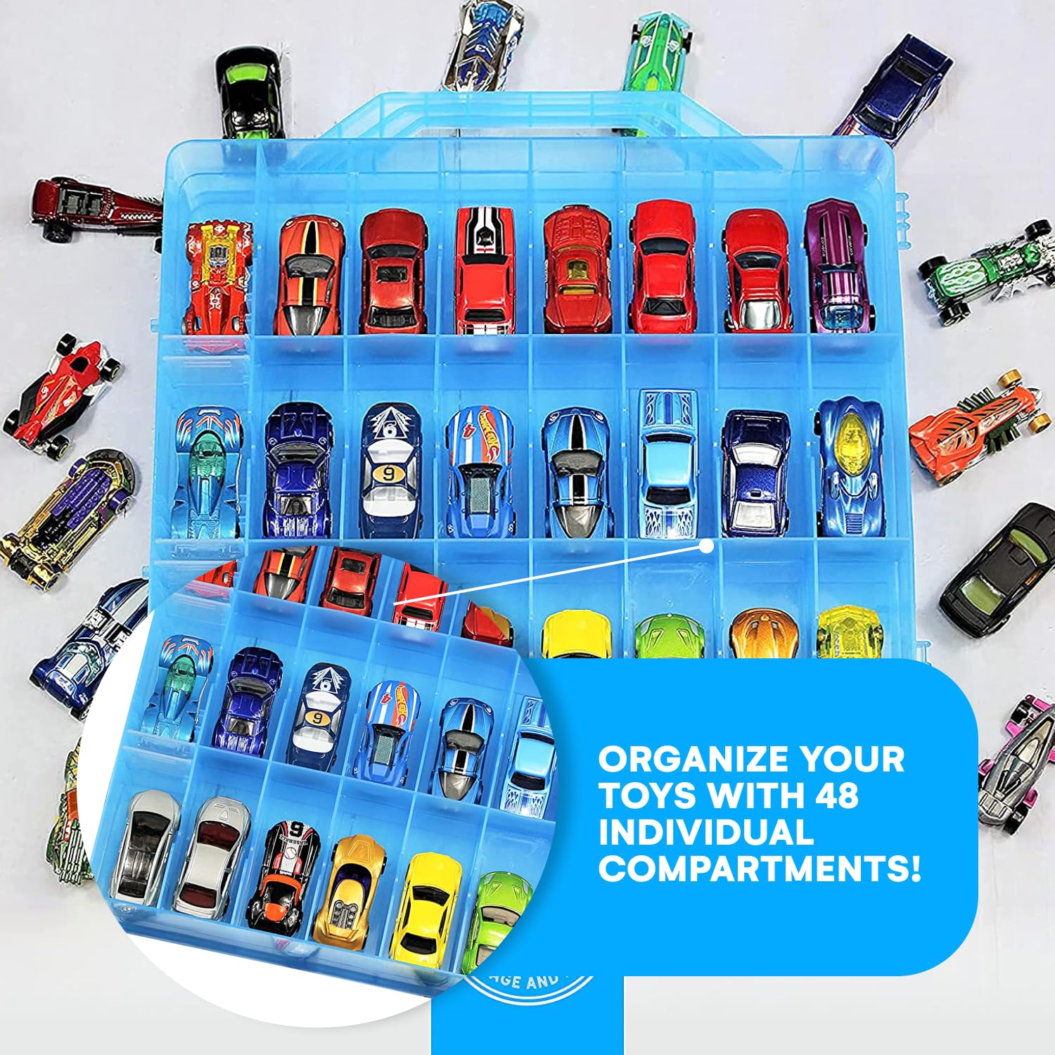 Bins & Things Hot wheels Display case and toy car storage organizer, Double sided 48 - Multi Compartment Plastic Car Toy Organizer Compatible with Lego, LOL Surprise Matchbox cars storage case - Blue