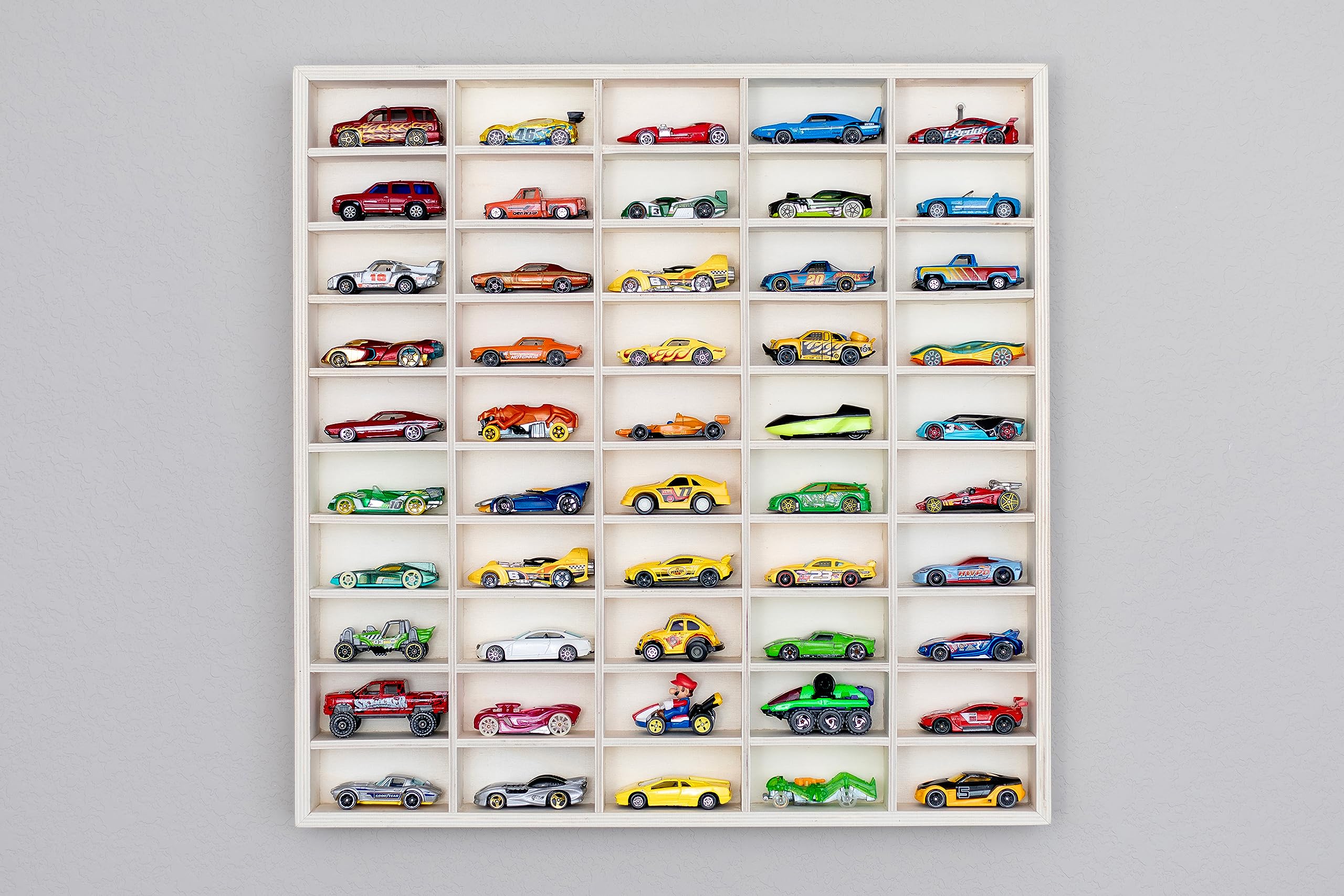 Rustic Roots Car Display Shelf - Wooden Wall Mount Hot Wheels, Matchbox, and Diecast Case for 50 Cars