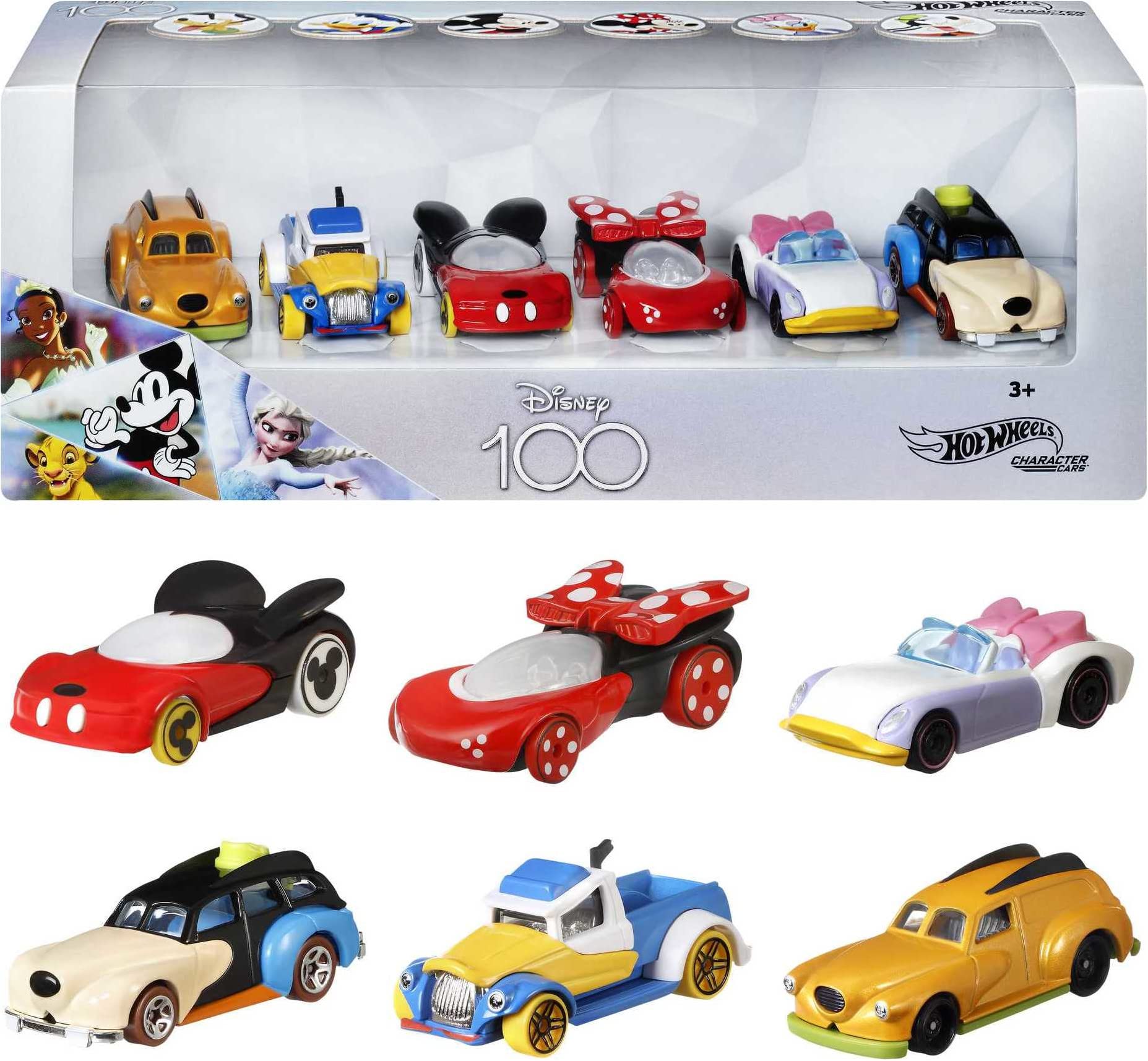 Hot Wheels Mattel Disney Toy Cars 6-Pack, Set of 6 Character Vehicles in Collectable Packaging: Mickey, Minnie, Pluto, Daisy, Donald & Goofy