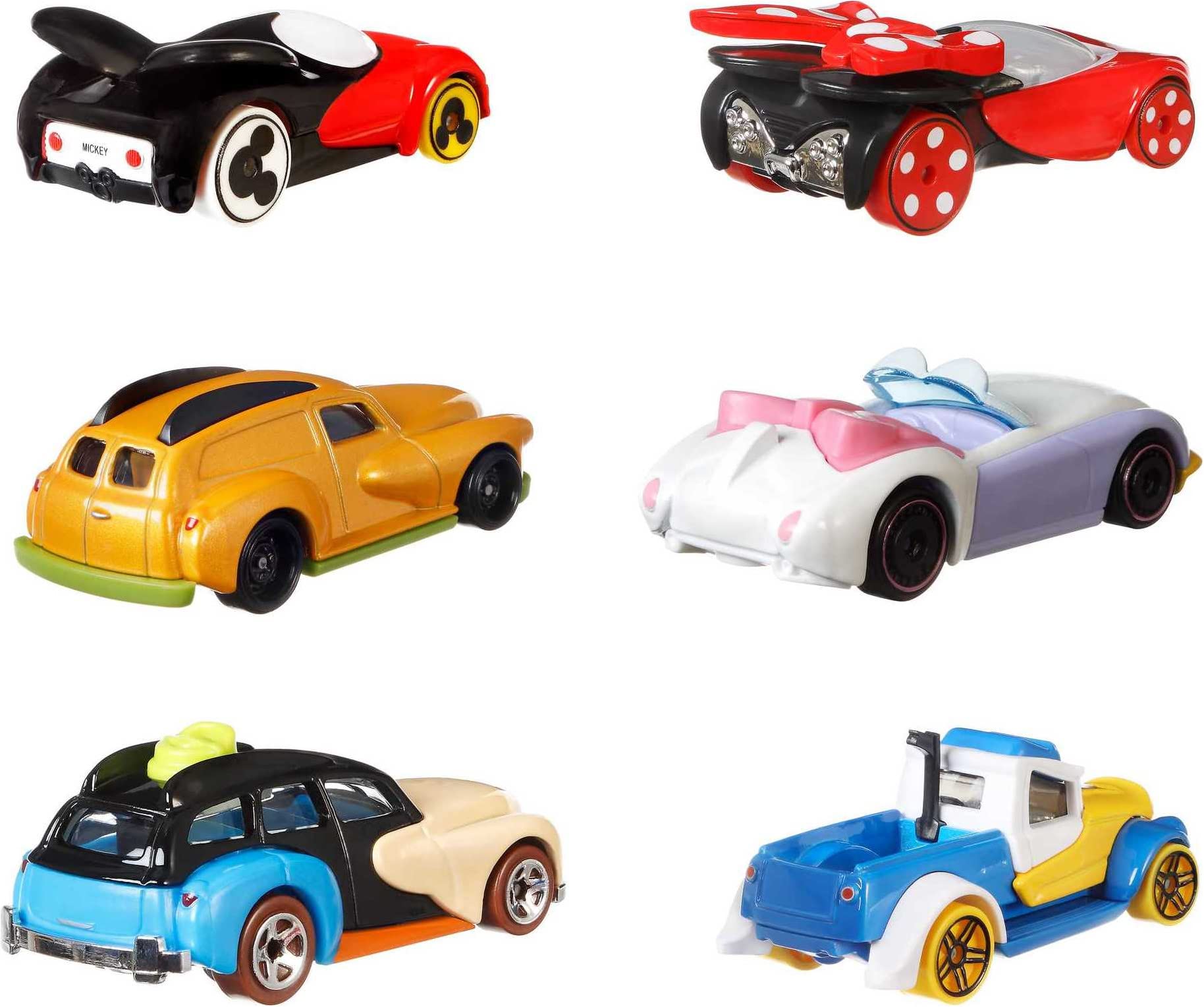 Hot Wheels Mattel Disney Toy Cars 6-Pack, Set of 6 Character Vehicles in Collectable Packaging: Mickey, Minnie, Pluto, Daisy, Donald & Goofy