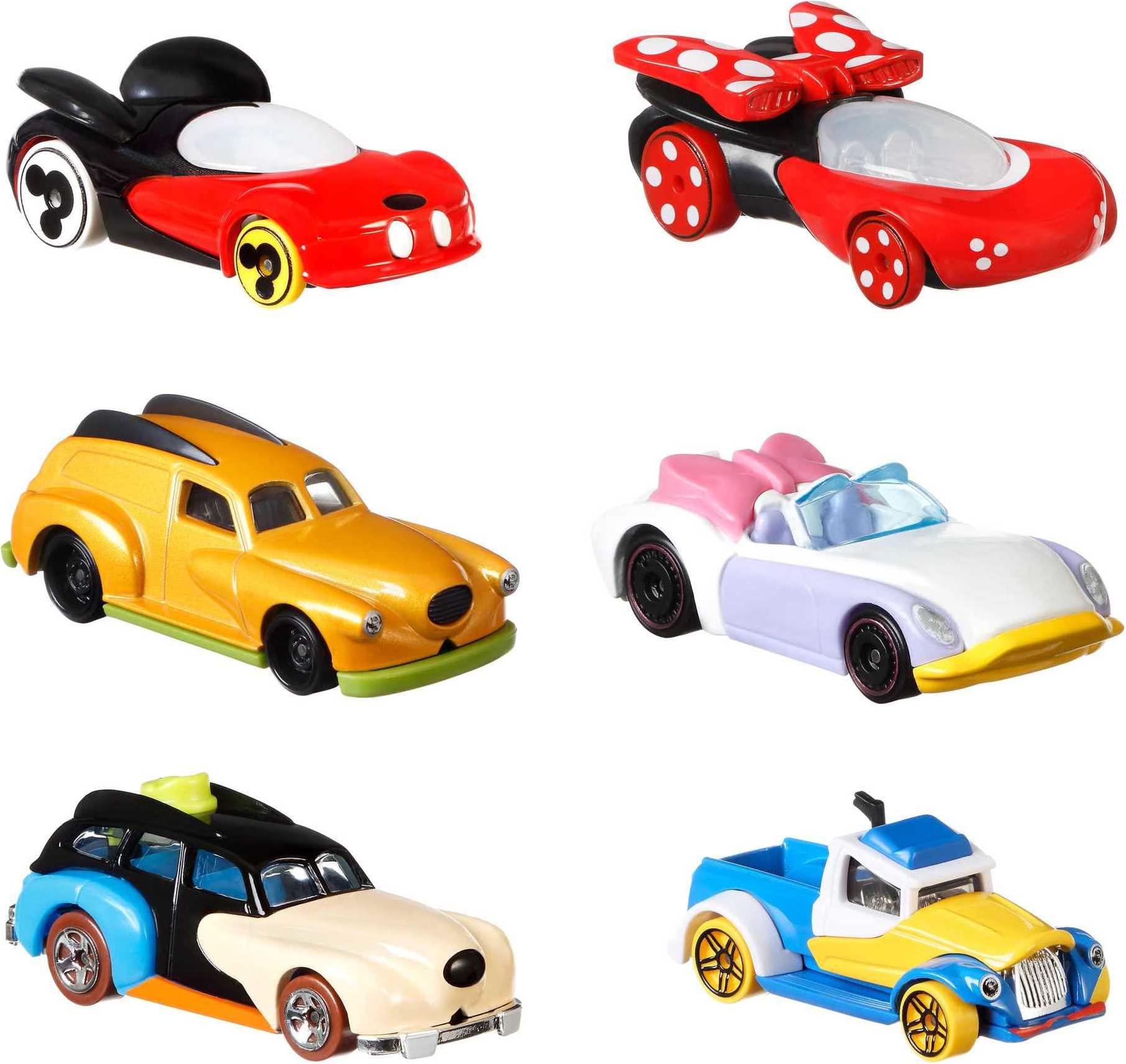 Hot Wheels Mattel Disney Toy Cars 6-Pack, Set of 6 Character Vehicles in Collectable Packaging: Mickey, Minnie, Pluto, Daisy, Donald & Goofy