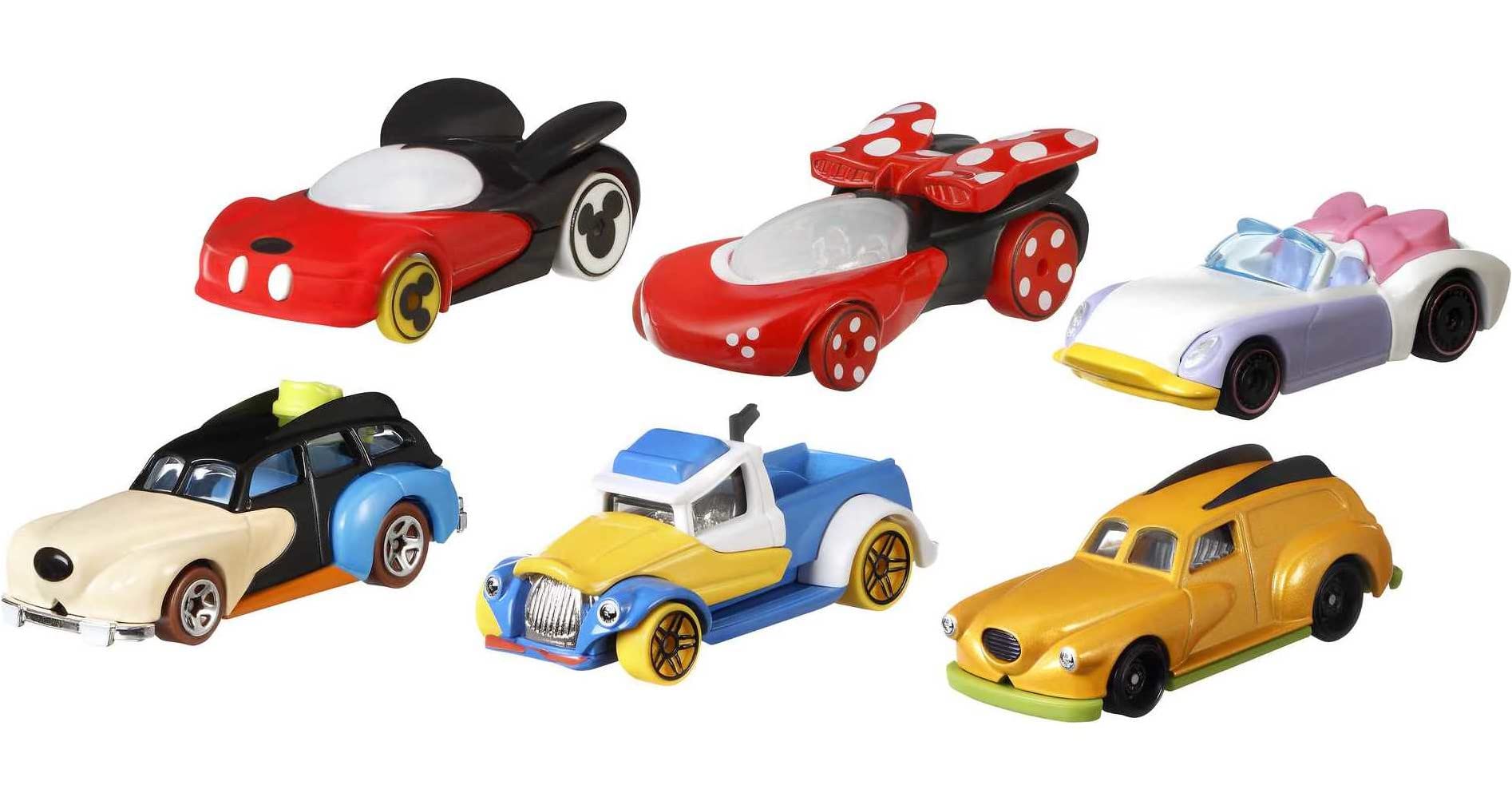 Hot Wheels Mattel Disney Toy Cars 6-Pack, Set of 6 Character Vehicles in Collectable Packaging: Mickey, Minnie, Pluto, Daisy, Donald & Goofy