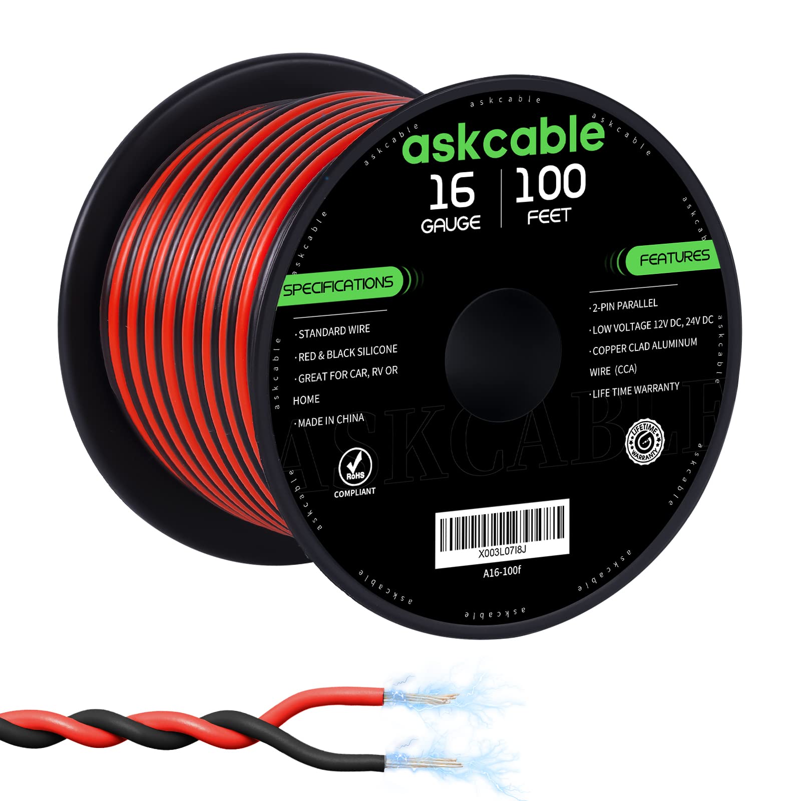 Askcable 16Gauge 100FT Electrical Wire Cable Flexible Wire Extension Cord 16AWG Copper Clad Aluminum Copper Wire 2 Conductors Red Black Parallel Wire line Hookup LED Lighting Strips 12V/24V DC Cable