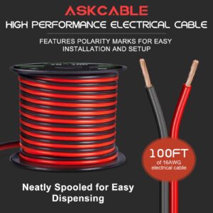 Askcable 16Gauge 100FT Electrical Wire Cable Flexible Wire Extension Cord 16AWG Copper Clad Aluminum Copper Wire 2 Conductors Red Black Parallel Wire line Hookup LED Lighting Strips 12V/24V DC Cable