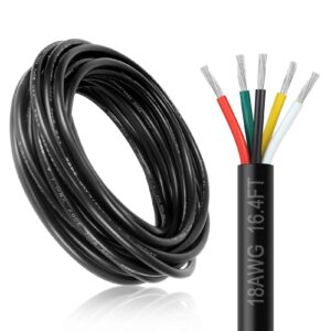 DEKIEVALE 18 Gauge 5 Conductor Electrical Wire, 16.4FT 18AWG Black PVC Stranded Tinned Copper 5 Wire Cable, 18/5 Cable for LED Lighting, Automotive, Speaker, Sprinkler, Thermostat wire etc.