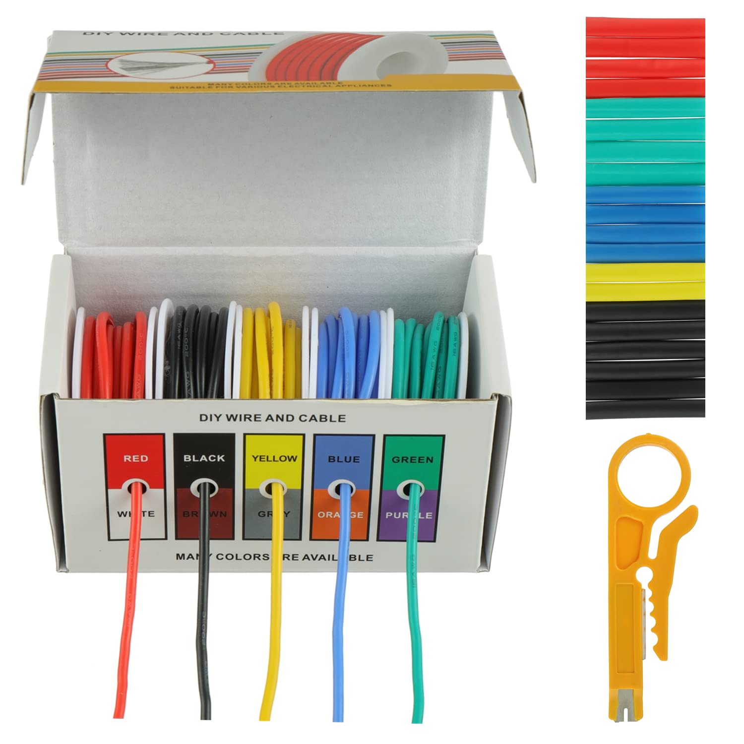 BOJACK 16 AWG Flexible Silicone Wire Electric Wire Hook up Wire Kit 300V Cables with Plus 20 φ4mm Heat Shrink Tubings and a Mini Wire Stripper(5 Colors 13.12Ft Each Color, 16AWG)