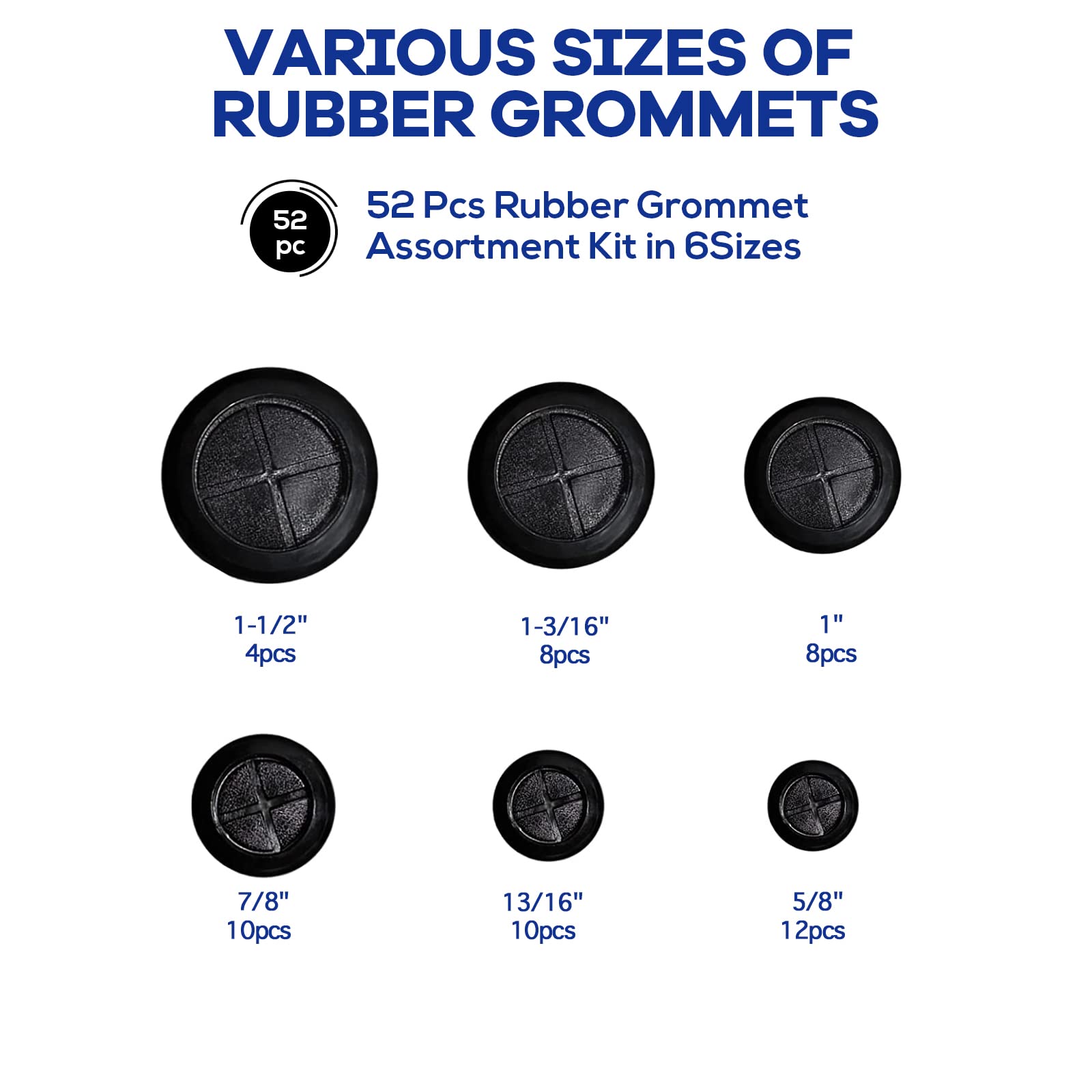 Boatsea 52 PCS 6 Size Rubber Grommets for Wiring, Double Sided Round Rubber Hole Plug, Firewall Grommet Rubber Hole Plugs, Drill Hole Sizes of 5/8" 13/16" 7/8" 1" 1-3/16" 1-1/2", Black