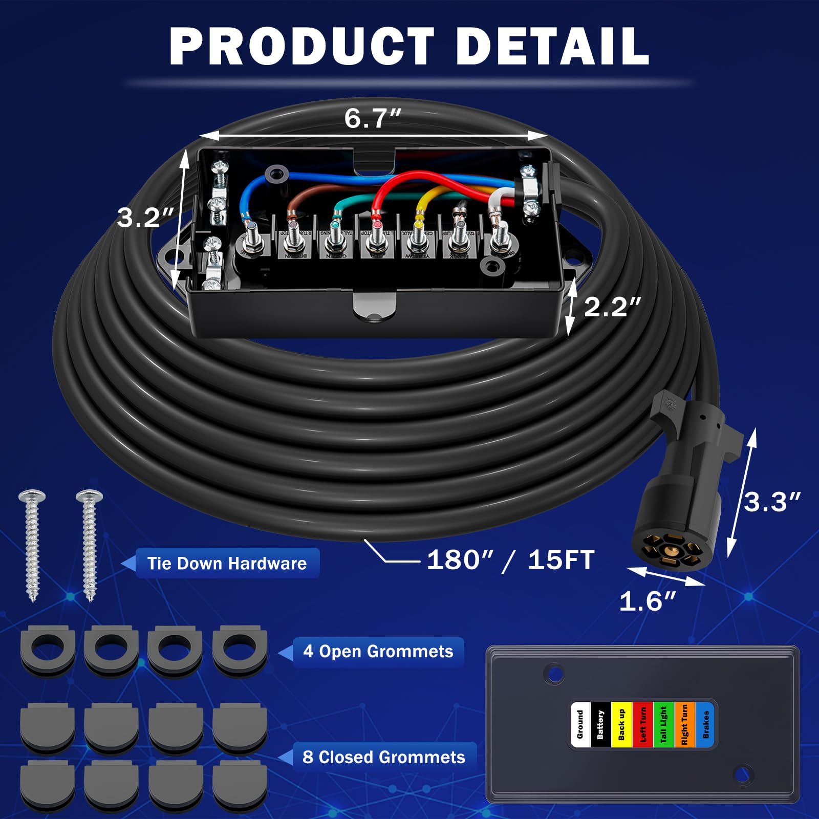 CheeMuii 15 FT Trailer Wiring Harness Kit Heavy Duty 7 Way Trailer Cord with 7 Pin Trailer Plug and Junction Box Kit Premium Light and Brake Wiring Wires for Trailer RV