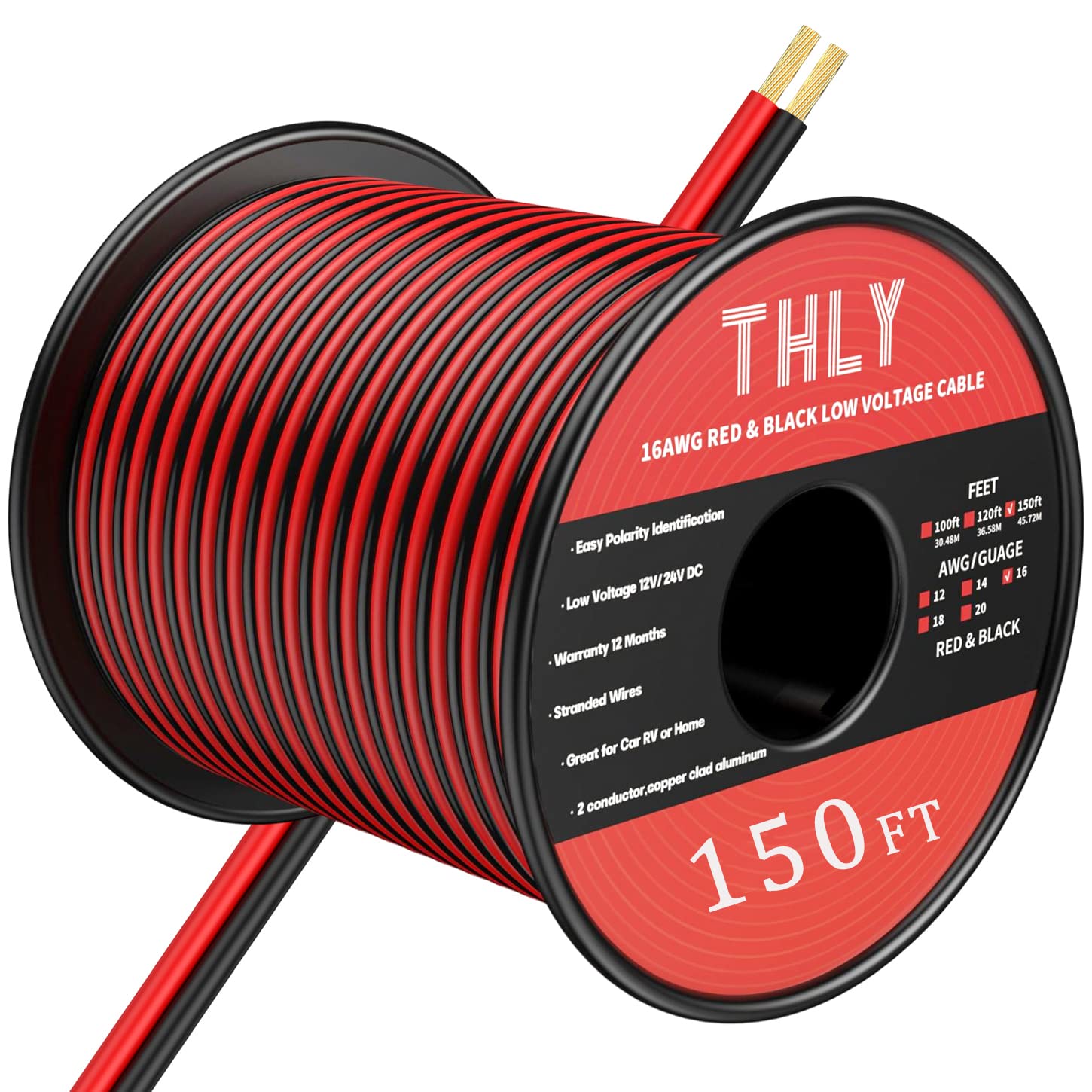 THLY 150FT 16 Gauge Wire, Automotive Wire 16 AWG Wire Electrical Wire 12V/24V Low Voltage Wire 2 Conductor Red and Black Wire for LED Light Bulbs Lamp Marine Car Speaker Wires