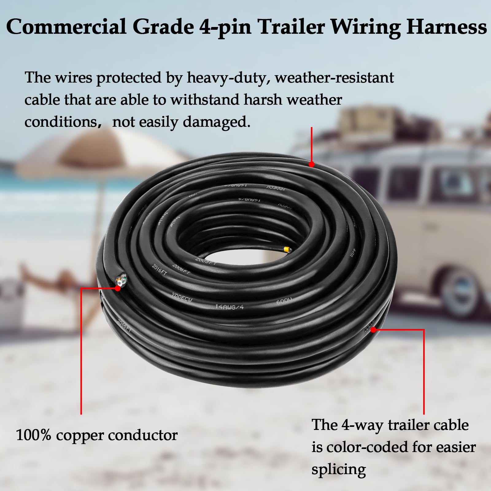 YDDECW 4 Wire Trailer Wire - 14/4 50FT 4 Way Trailer Cable 100% Pure Copper Heavy Duty 14 Gauge 4 Conductor Extension Cable Rv Trailer Wiring Insulated Cable for Rv Trailer and Automotive