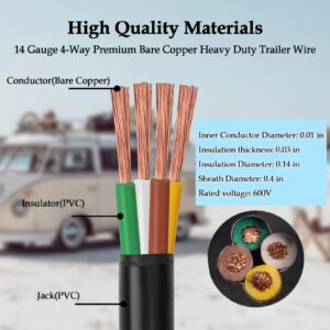 YDDECW 4 Wire Trailer Wire - 14/4 50FT 4 Way Trailer Cable 100% Pure Copper Heavy Duty 14 Gauge 4 Conductor Extension Cable Rv Trailer Wiring Insulated Cable for Rv Trailer and Automotive