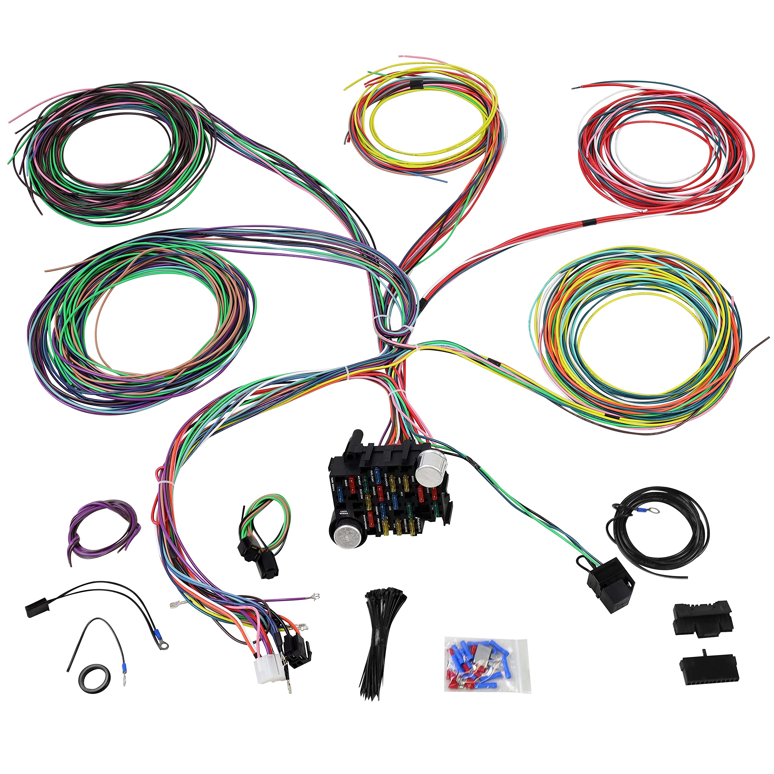 Universal 21 Circuit Wiring Harness Kit Extra Long Wire Standard Color 17 Fuses for GM Chevy Mopar Hotrods Ford Chrysler