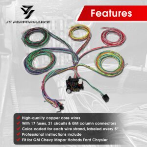 Universal 21 Circuit Wiring Harness Kit Extra Long Wire Standard Color 17 Fuses for GM Chevy Mopar Hotrods Ford Chrysler