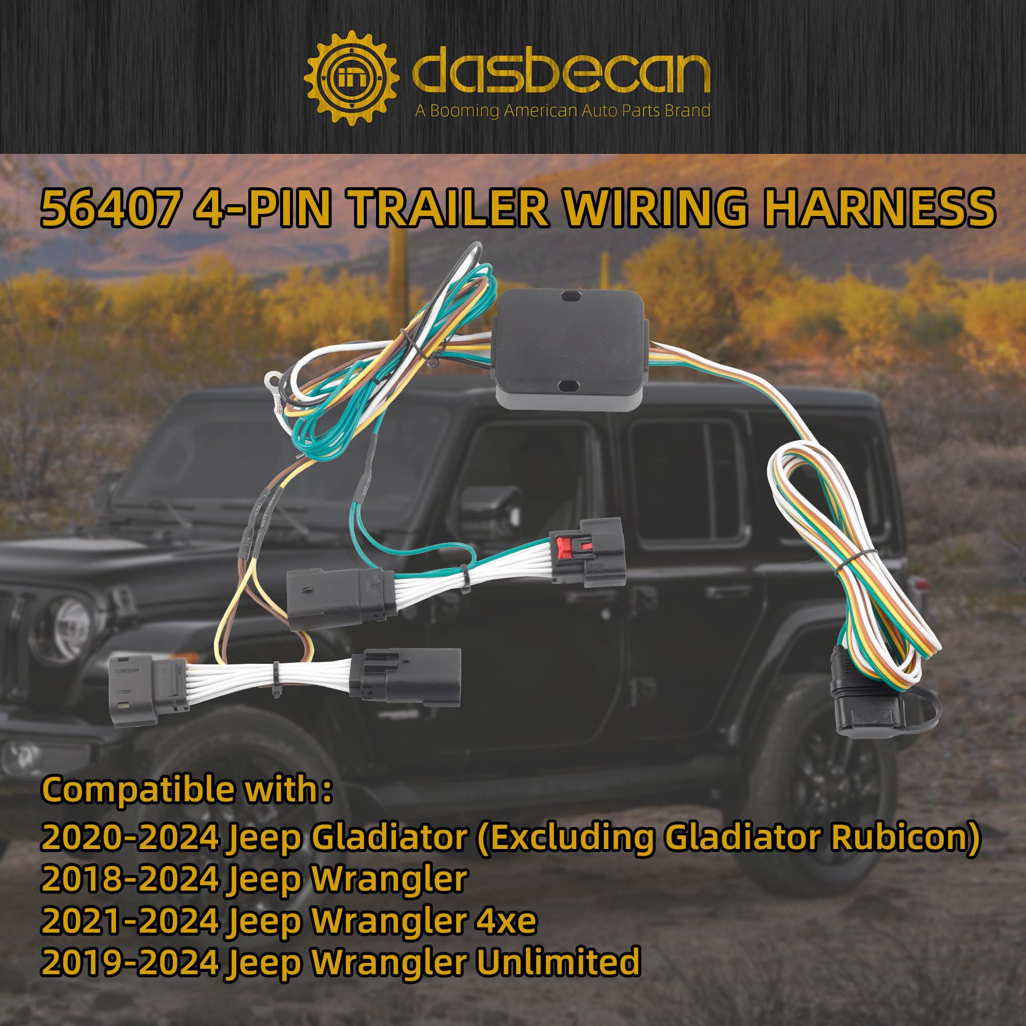 Dasbecan 56407 4-Pin Trailer Wiring Harness Compatible with Jeep Wrangler JL 2018-2024 Gladiator GT 2020-2024 4 Way Towing Hitch Wiring for Trailer Light Connect