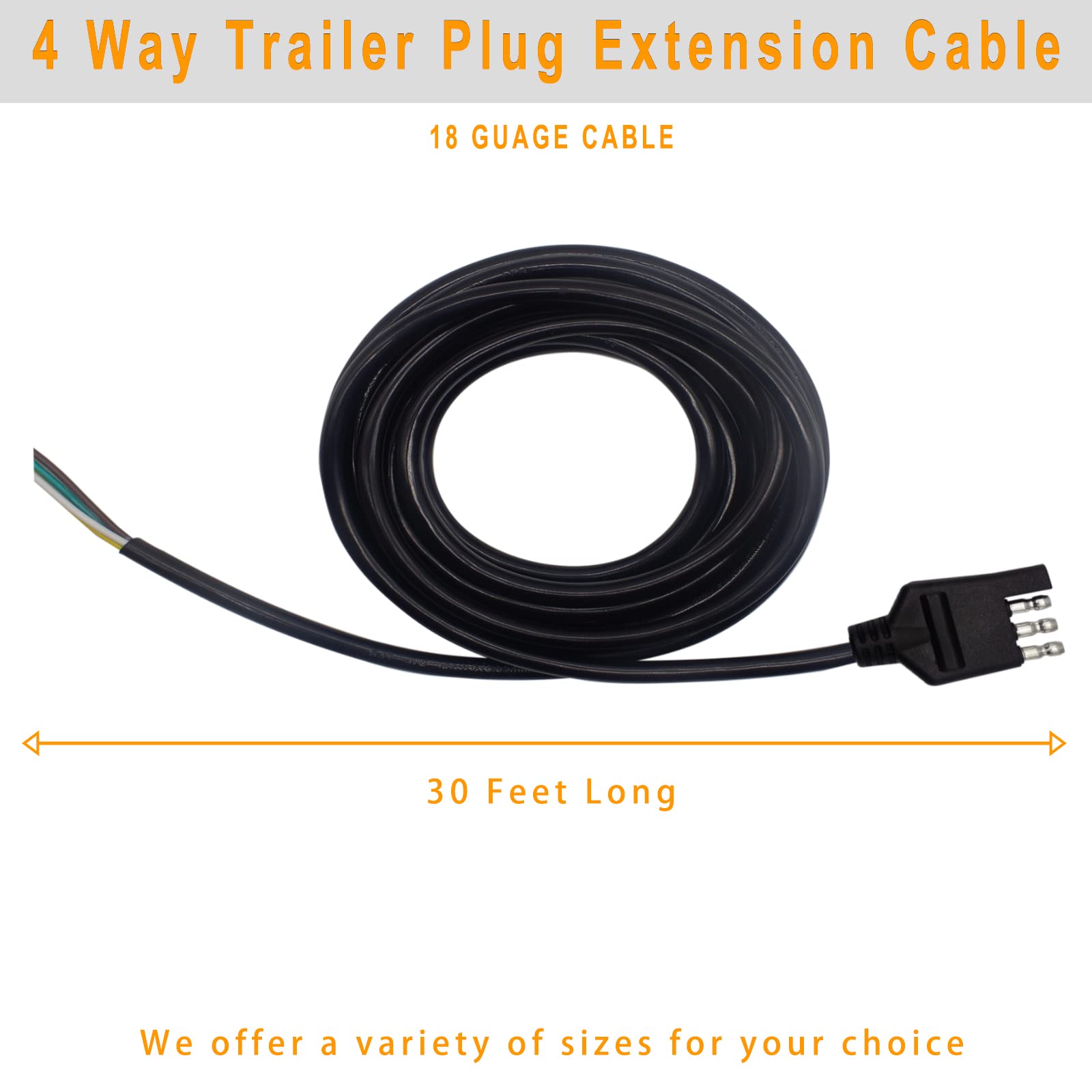 Adullama 4 Way Trailer Wiring Harness 30FT Jacketed Cable, 18AWG 4 Pin Flat Trailer Extension Connector Trailer Wire Color-Coded Pure Copper, Trailer-Side Male Replacement 4 Wire Trailer Hitch Wiring